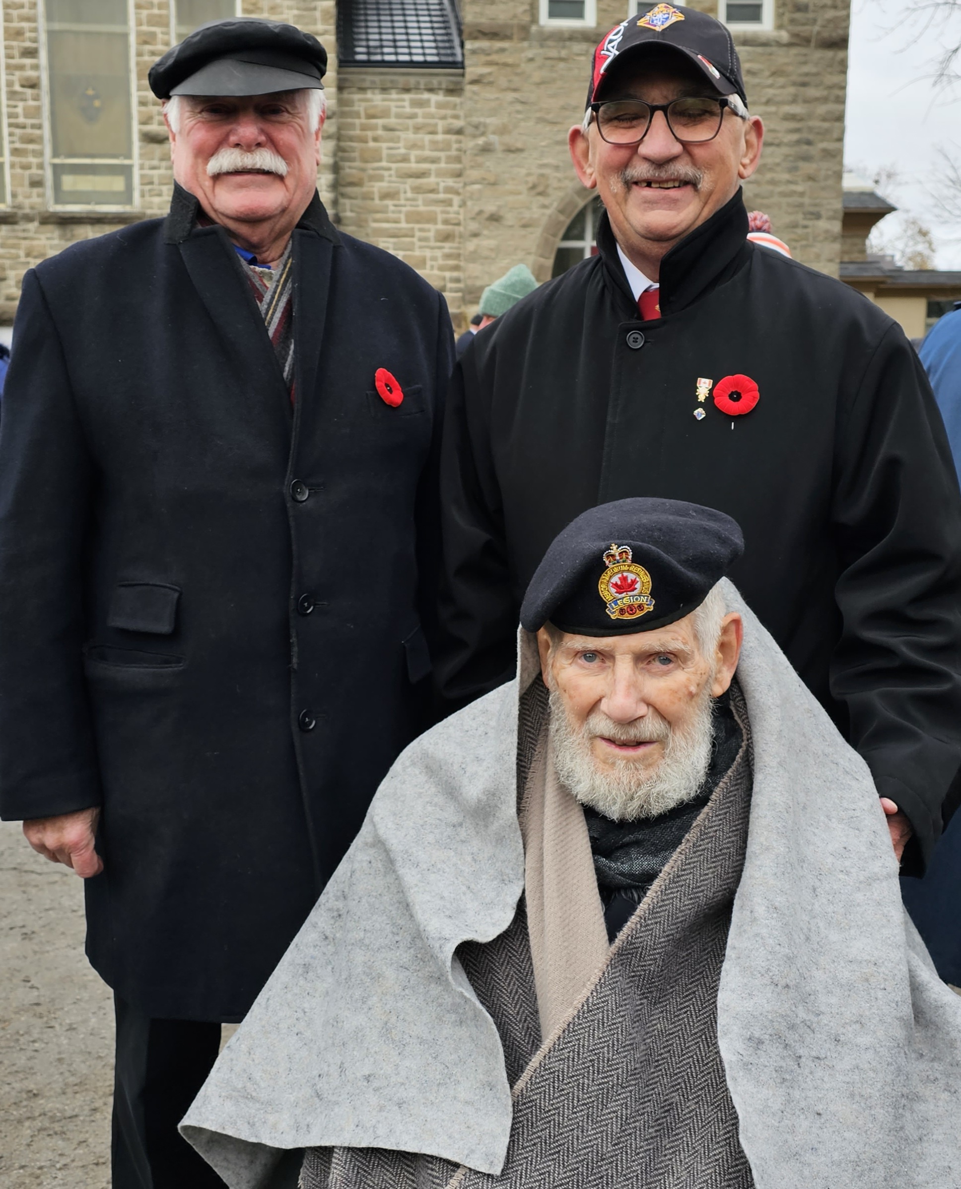 From L-R: PGK Mike Lalonde and GK Dale Tuepah of Dr. J. F. Dunn Council 5153 and with Council Member Jim Strickland (Age 97) a WW II Veteran at the annual Remembrance Day Ceremony in Carleton Place (Ontario)