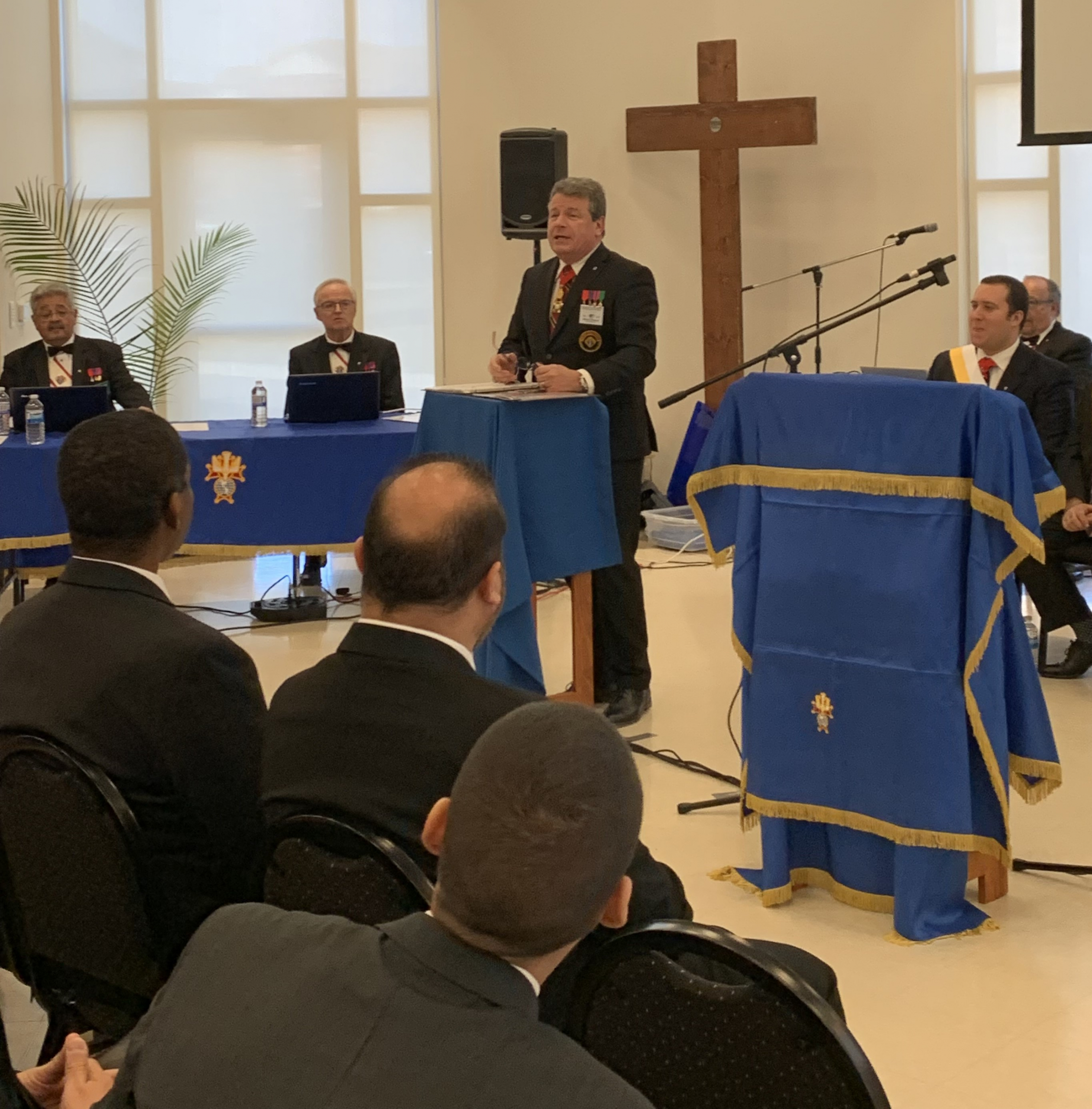 State Deputy Bruce S. Poulin, addresses the Sir Knights and Ladies with encouraging words about the upcoming 125th anniversary celebrations currently being planned for 2025 during the Fourth Degree Exemplification celebration on November 18, 2023