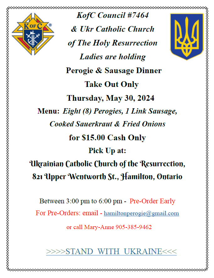 KofC Council 7464 Perogie and Sausage Dinner Take Out only
