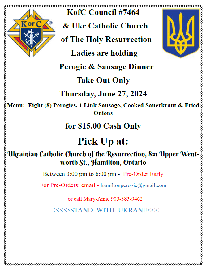 Council 7464 Perogie and Sausage dinner take out flyer