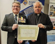 His Excellency, Ivan Jurkovič (right), Apostolic Nuncio to Canada, presented the Benemerenti Medal to Immediate Past State Deputy Bruce S. Poulin (left) during the Knights of Columbus State Convention in Ottawa on April 24, 2026.